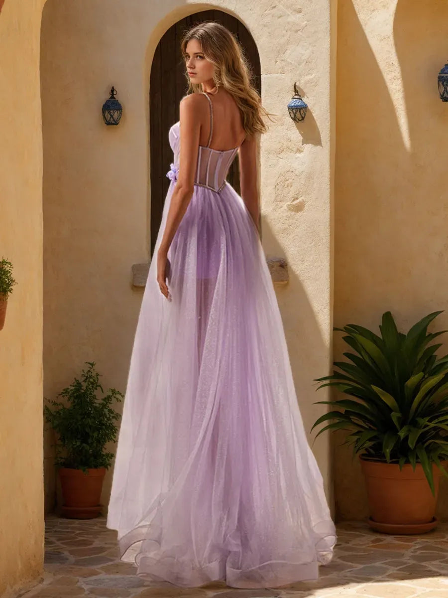 A-Line Spaghetti Straps Sleeveless Pleated Long Prom Dresses with Split Side Appliques