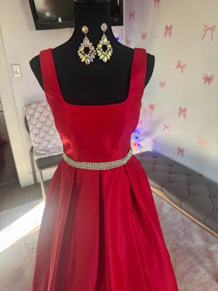 A-Line Square Neck Beaded Satin Red Long Prom Dress Ready To Ship