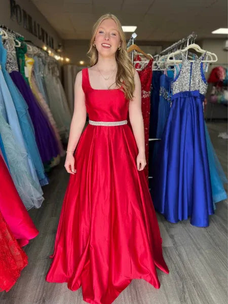A-Line Square Neck Beaded Satin Red Long Prom Dress Ready To Ship