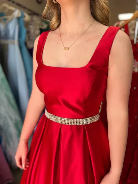 A-Line Square Neck Beaded Satin Red Long Prom Dress Ready To Ship