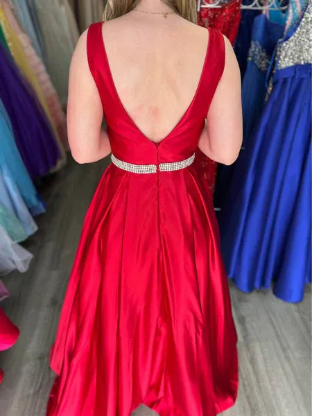A-Line Square Neck Beaded Satin Red Long Prom Dress Ready To Ship