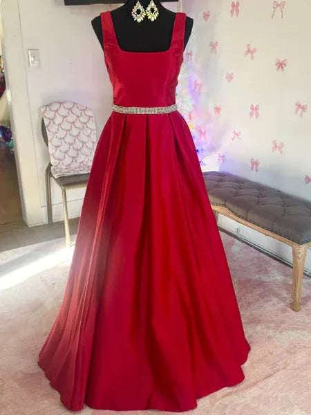A-Line Square Neck Beaded Satin Red Long Prom Dress Ready To Ship