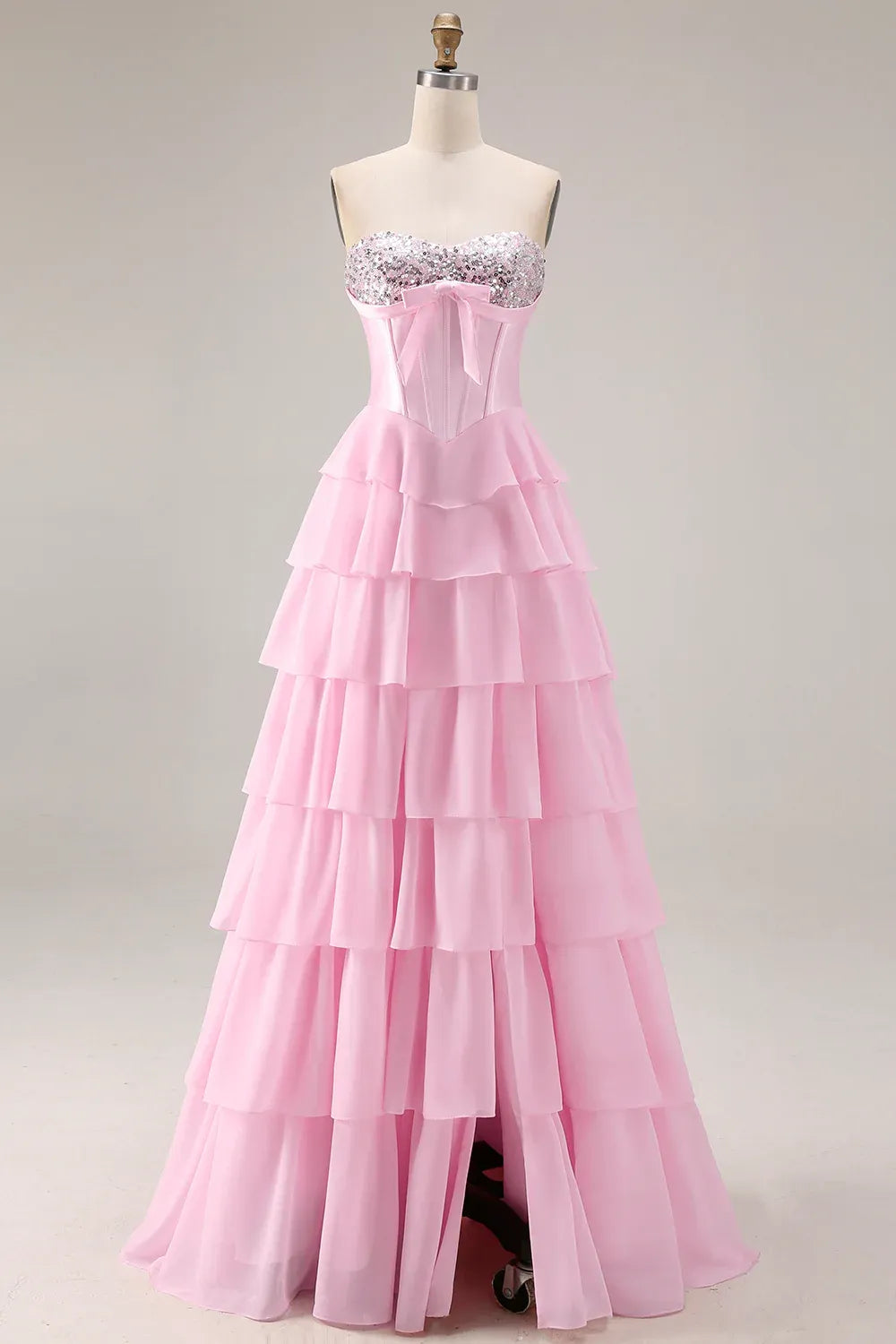 A-Line Strapless Corset Tiered Ruffle Sequin Blush Maxi Prom Dress With Slit