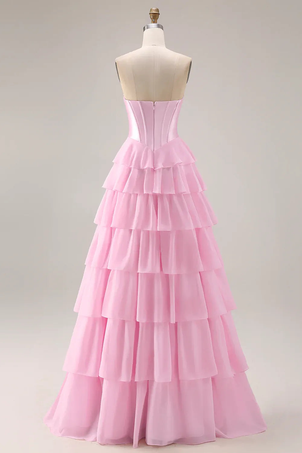 A-Line Strapless Corset Tiered Ruffle Sequin Blush Maxi Prom Dress With Slit
