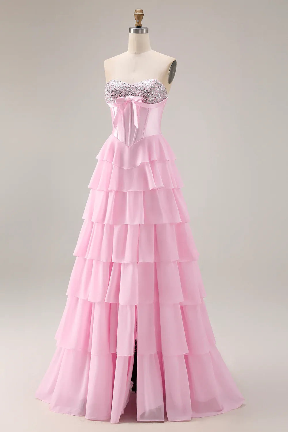 A-Line Strapless Corset Tiered Ruffle Sequin Blush Maxi Prom Dress With Slit