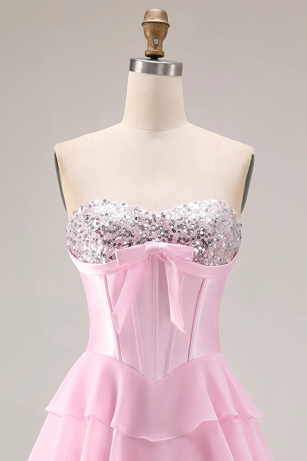A-Line Strapless Corset Tiered Ruffle Sequin Blush Maxi Prom Dress With Slit