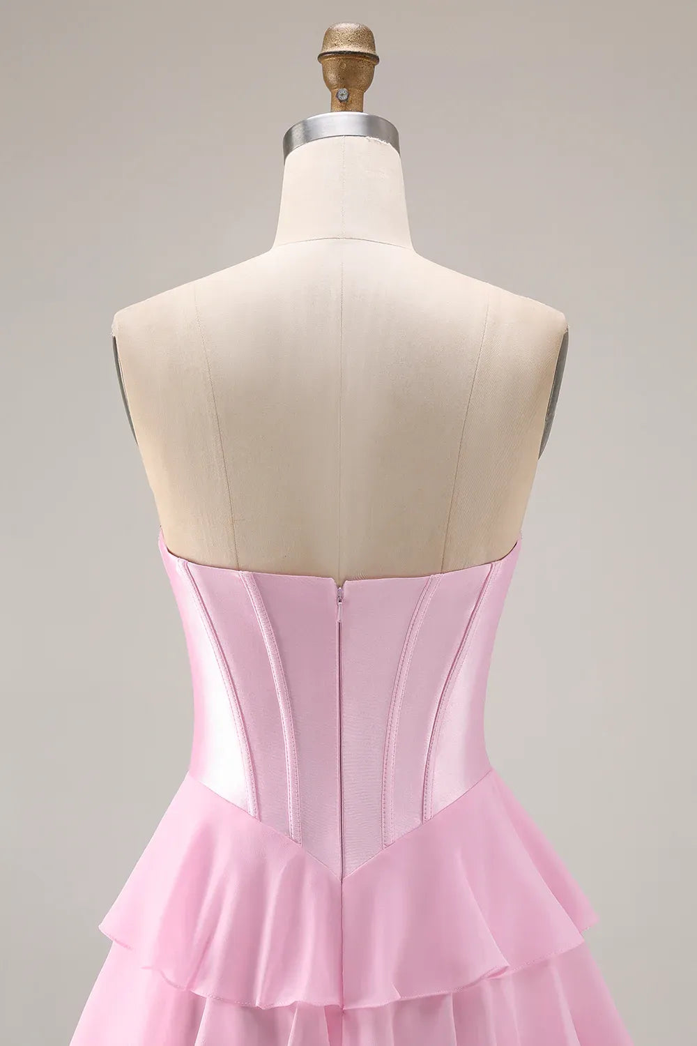 A-Line Strapless Corset Tiered Ruffle Sequin Blush Maxi Prom Dress With Slit