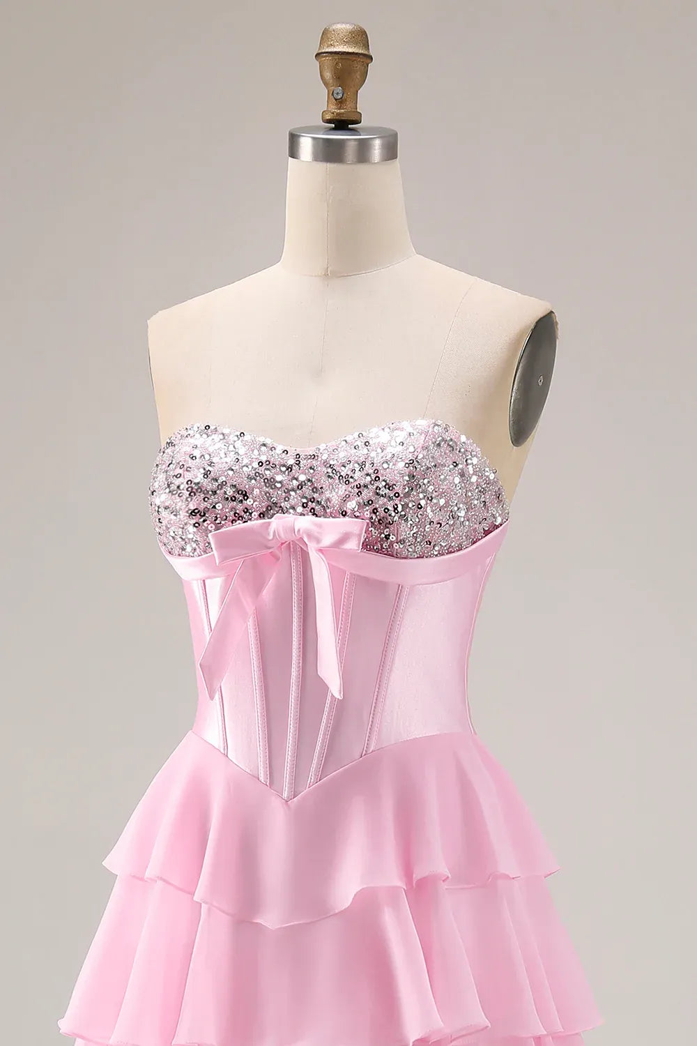 A-Line Strapless Corset Tiered Ruffle Sequin Blush Maxi Prom Dress With Slit