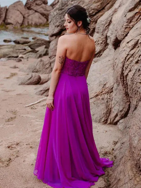 A-Line Strapless Lace Applique Chiffon Fuchsia Long Prom Dress Hot Sale