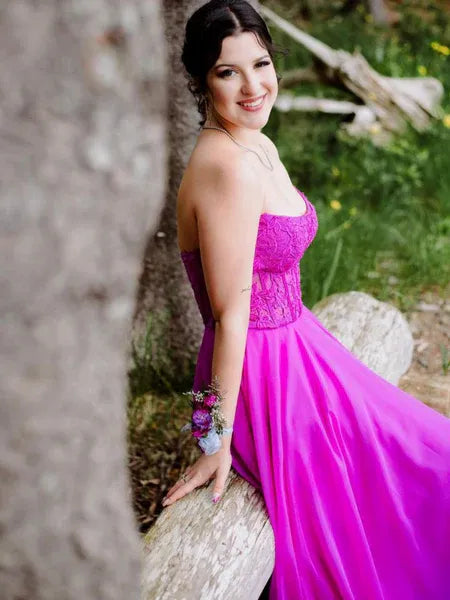 A-Line Strapless Lace Applique Chiffon Fuchsia Long Prom Dress Hot Sale