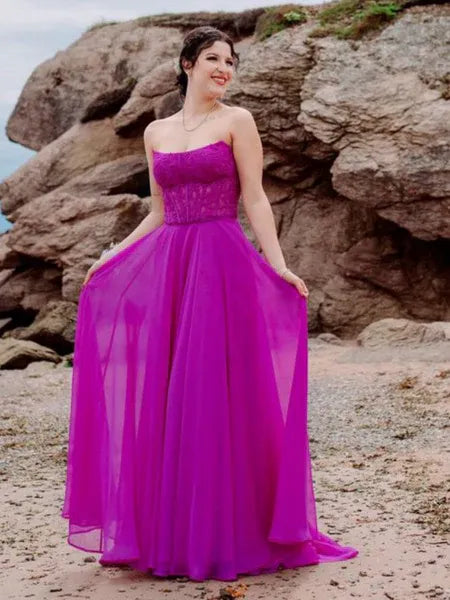 A-Line Strapless Lace Applique Chiffon Fuchsia Long Prom Dress Hot Sale