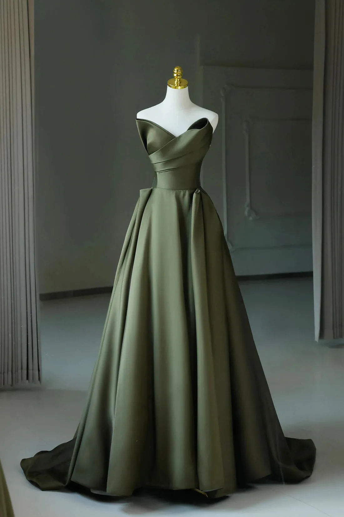 A-Line Strapless Satin Long Prom Dress Dark Green Evening Party Dress