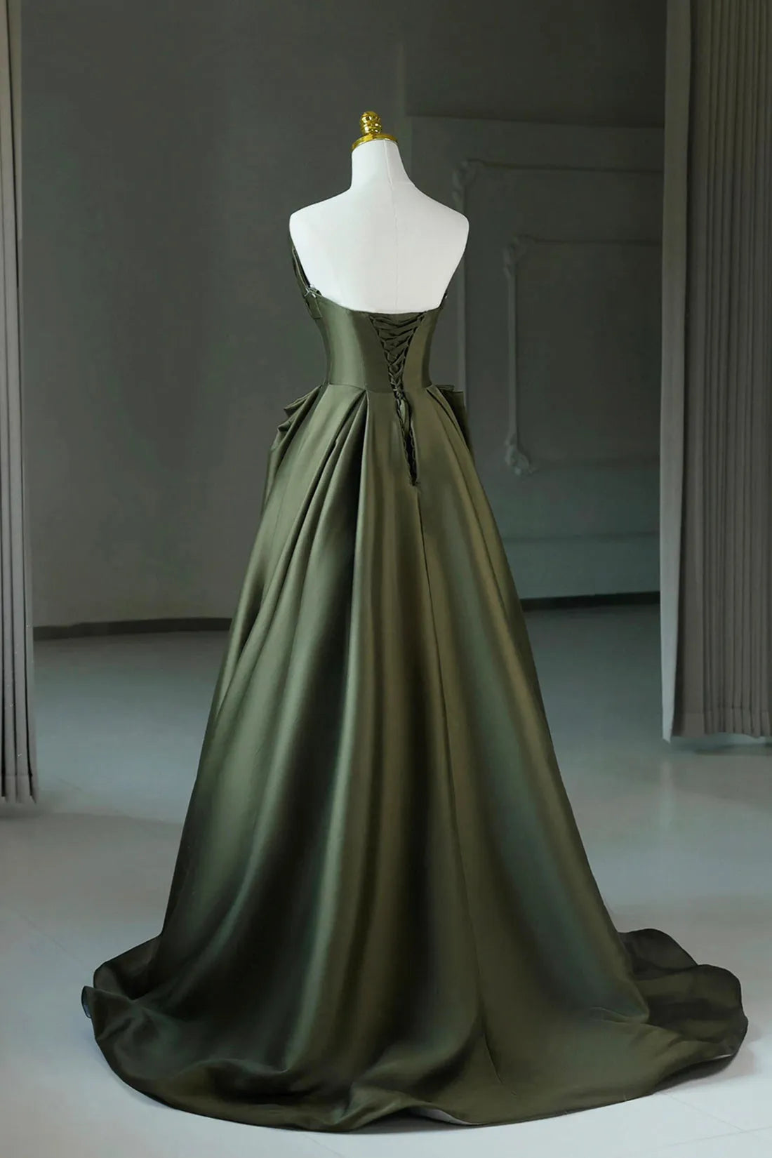 A-Line Strapless Satin Long Prom Dress Dark Green Evening Party Dress