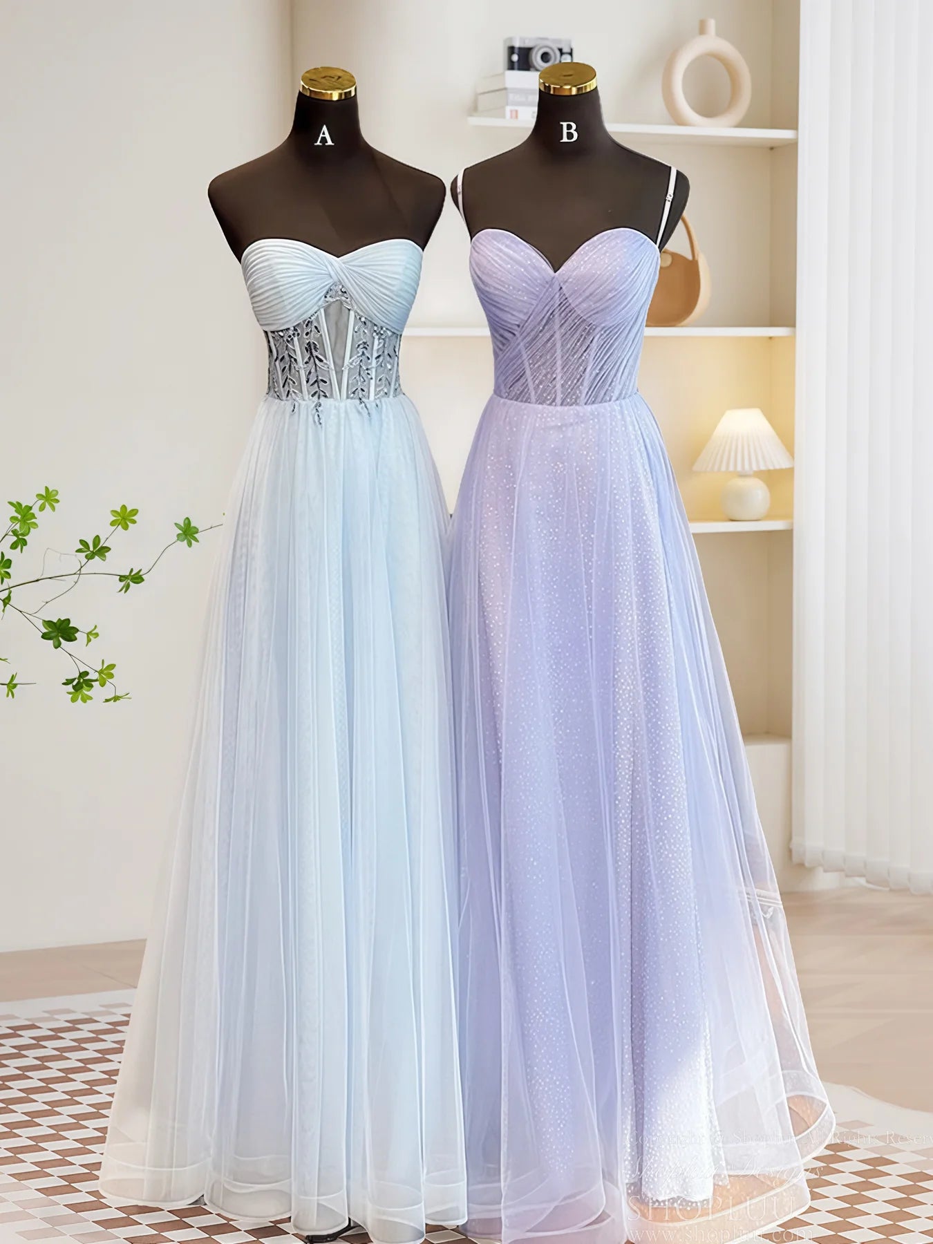 A-Line Sweetheart Neck Tulle Long Blue Prom Dress