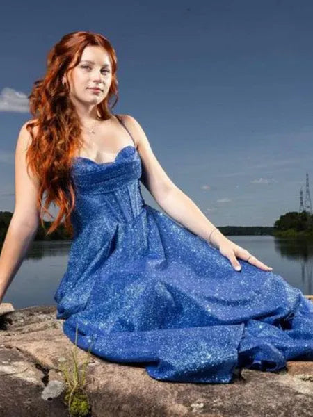 A-Line Sweetheart Spaghetti Strap Corset Blue Long Prom Dress Hot Sale