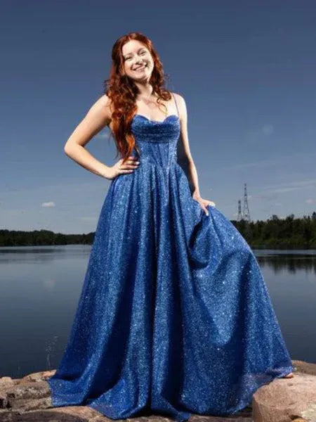 A-Line Sweetheart Spaghetti Strap Corset Blue Long Prom Dress Hot Sale