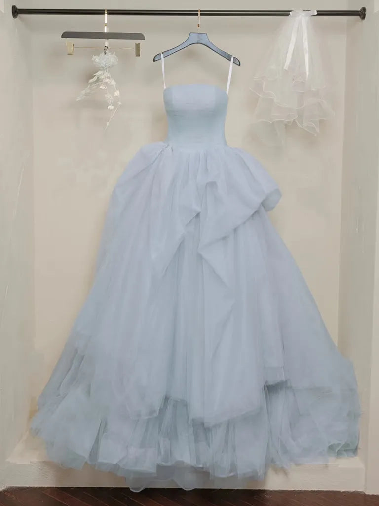 A-Line Tulle Gray Blue Long Prom Dress Gray Blue Long Evening Dress