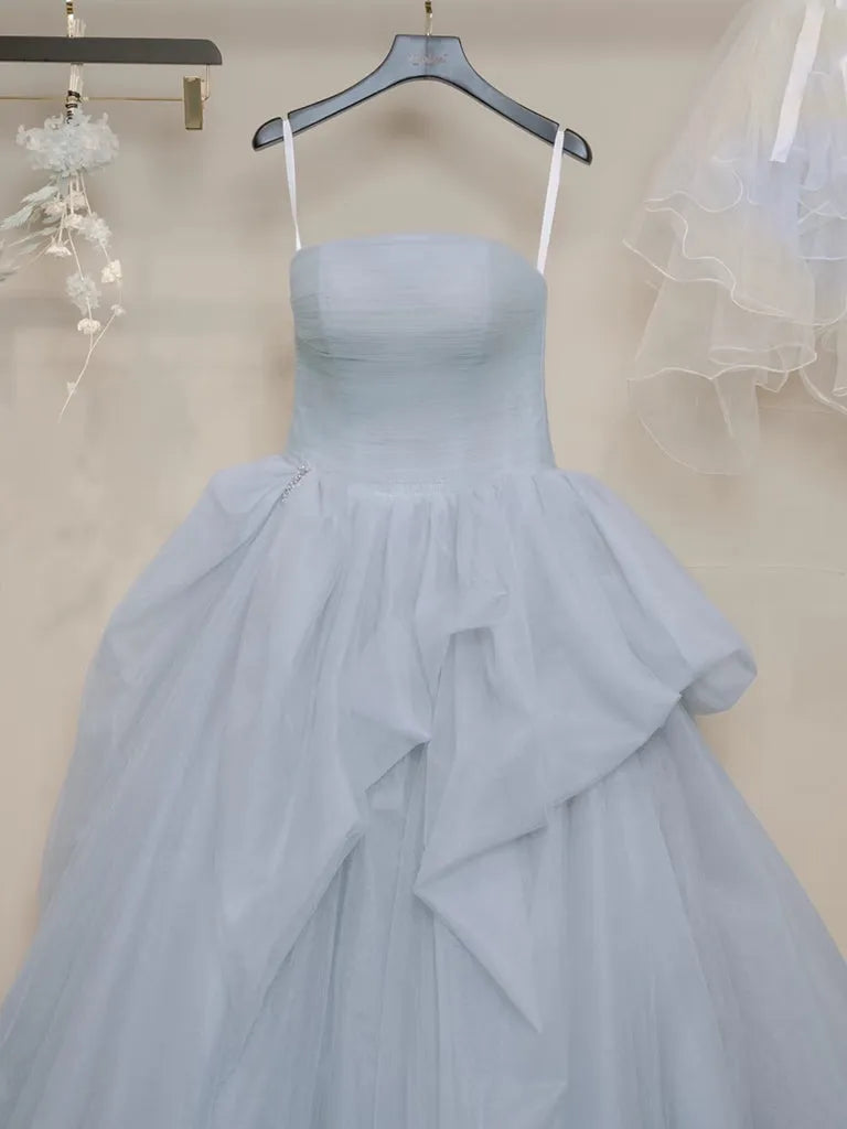 A-Line Tulle Gray Blue Long Prom Dress Gray Blue Long Evening Dress