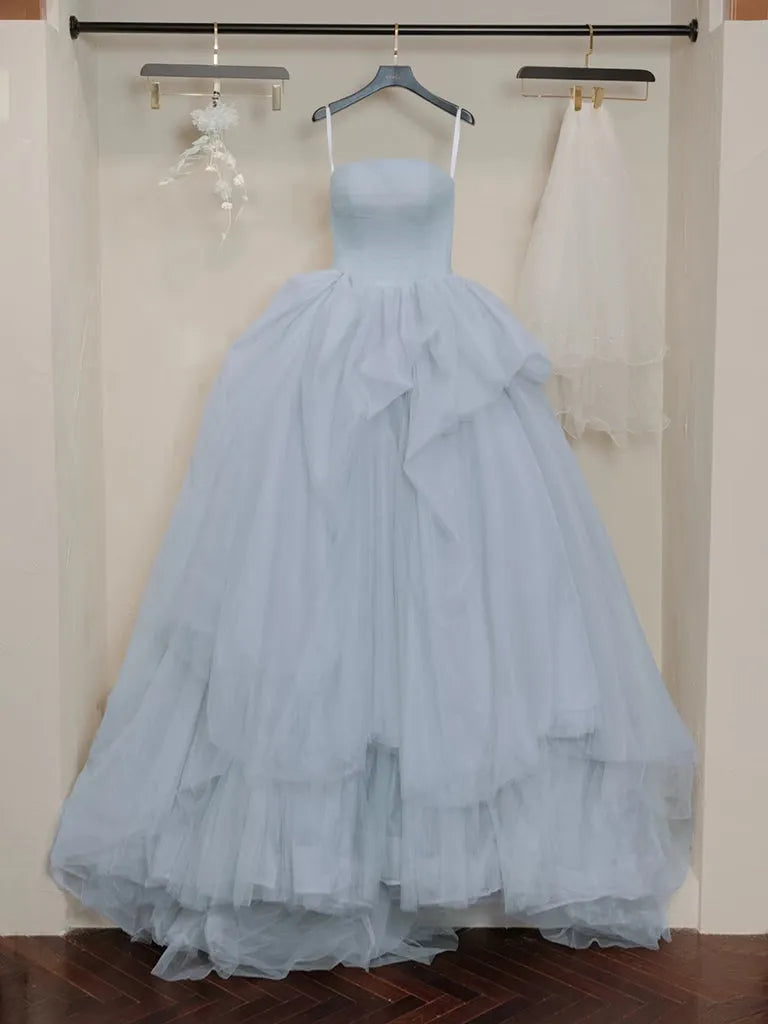 A-Line Tulle Gray Blue Long Prom Dress Gray Blue Long Evening Dress