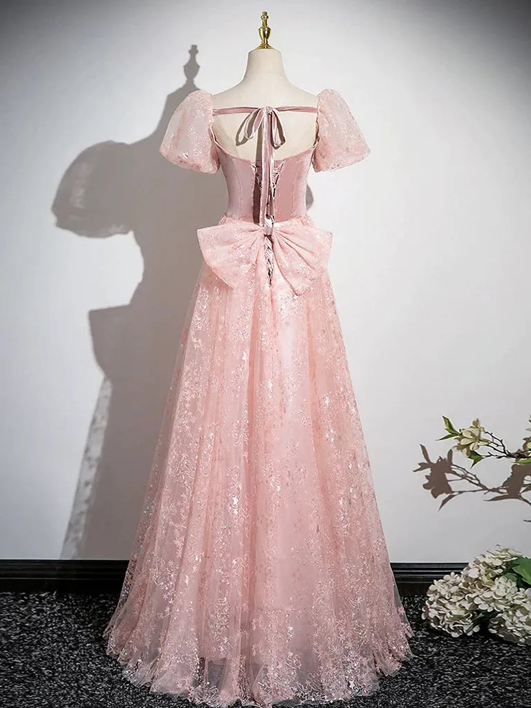 A-Line Tulle Lace Velvet Pink Long Prom Dress Pink Long Formal Dress