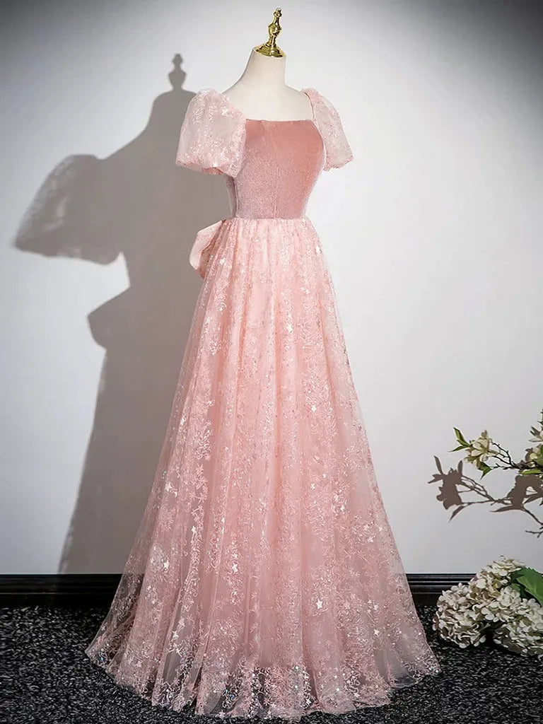 A-Line Tulle Lace Velvet Pink Long Prom Dress Pink Long Formal Dress