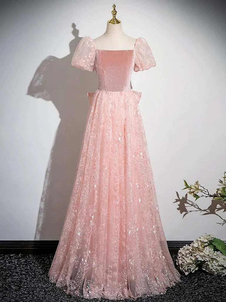 A-Line Tulle Lace Velvet Pink Long Prom Dress Pink Long Formal Dress