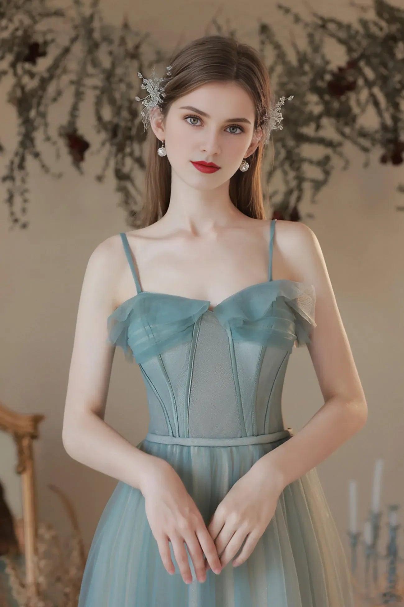 A-Line Tulle Long Prom Dress Simple Spaghetti Strap Evening Dress