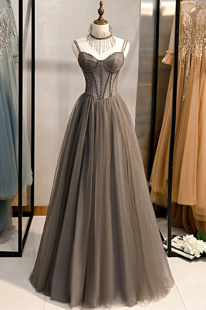 A-Line Tulle Long Prom Dress with Beading Cute Evening Party Dress