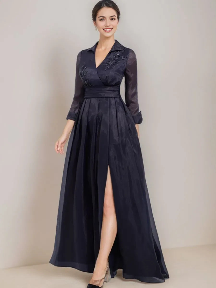 A-Line V-Neck 3/4 Sleeves Floor-Length Mother Of The Bride Dresses with Appliques Side Slit