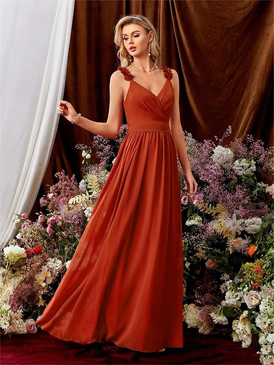 A-Line V-Neck Floral Strap Chiffon Orange Maxi Prom Dress With Tie Back