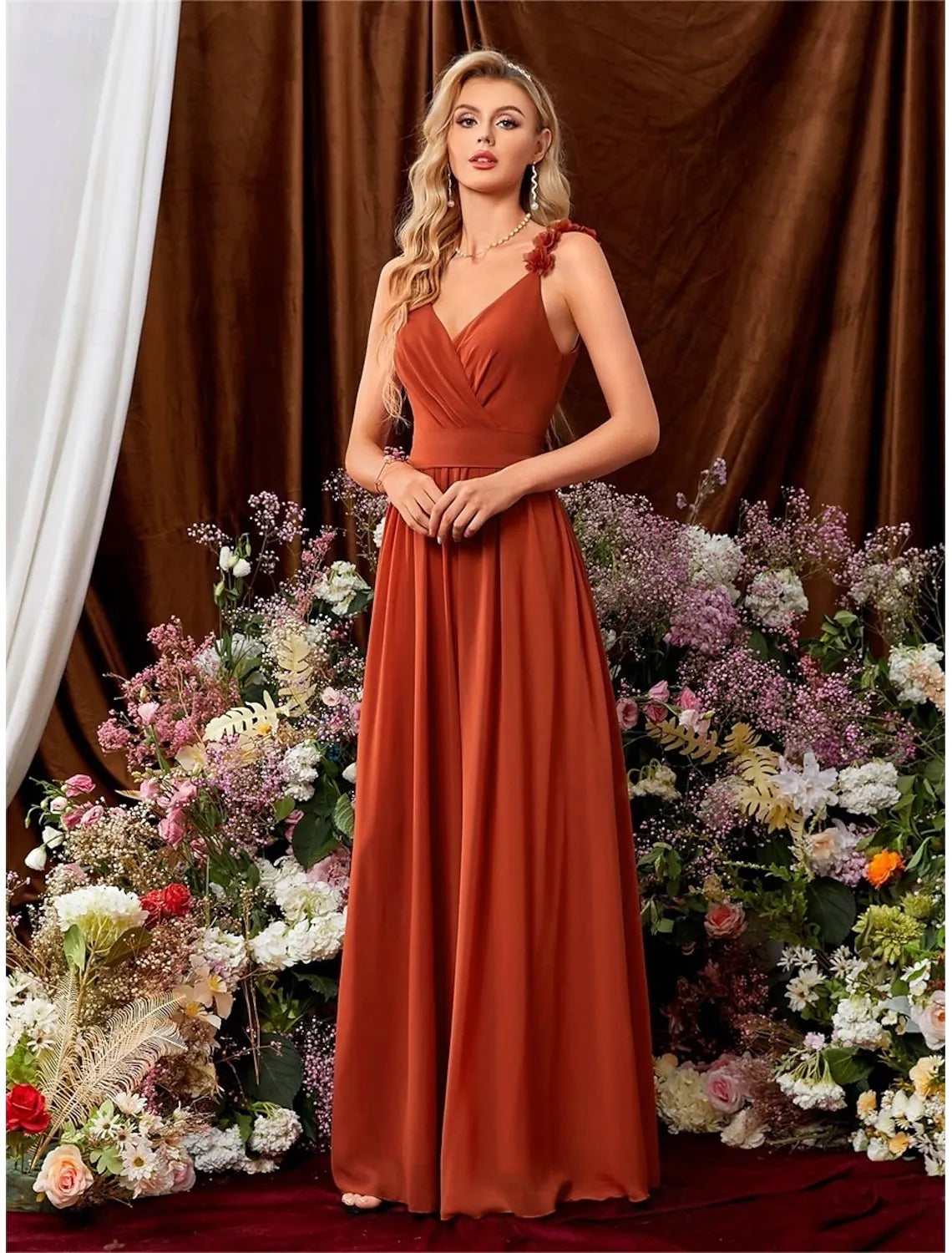 A-Line V-Neck Floral Strap Chiffon Orange Maxi Prom Dress With Tie Back