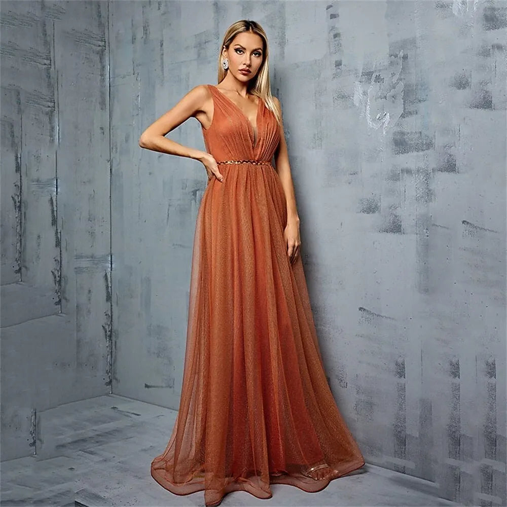 A-Line V-Neck Pleated Beaded Chiffon Tulle Orange Floor Length Prom Dress
