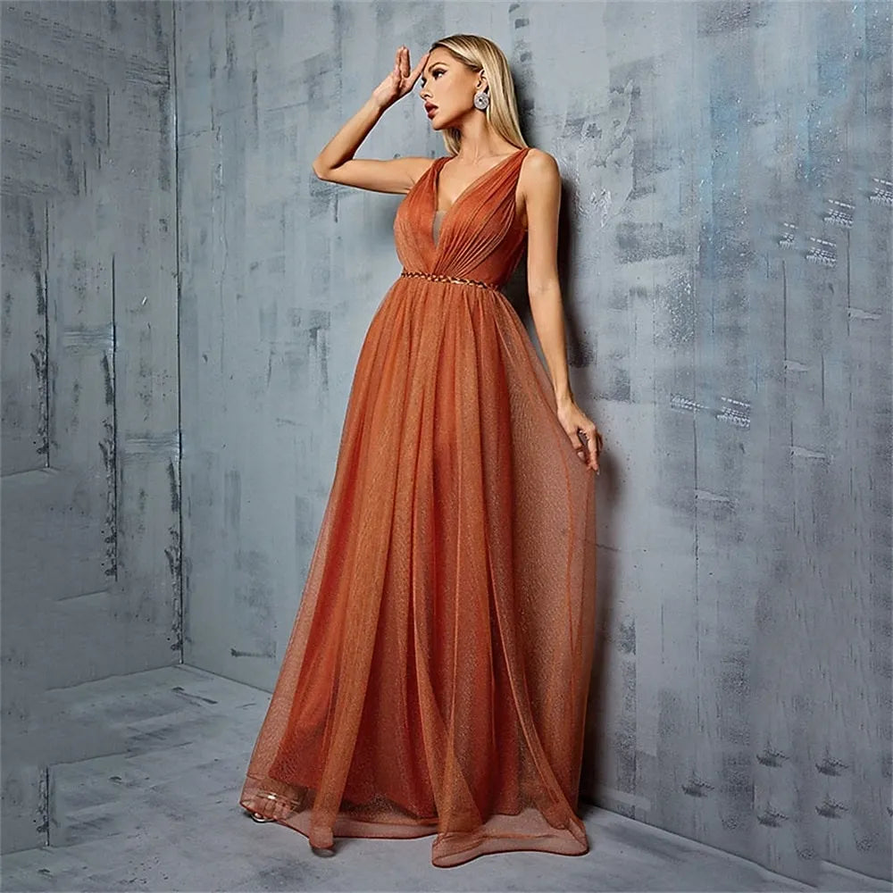 A-Line V-Neck Pleated Beaded Chiffon Tulle Orange Floor Length Prom Dress