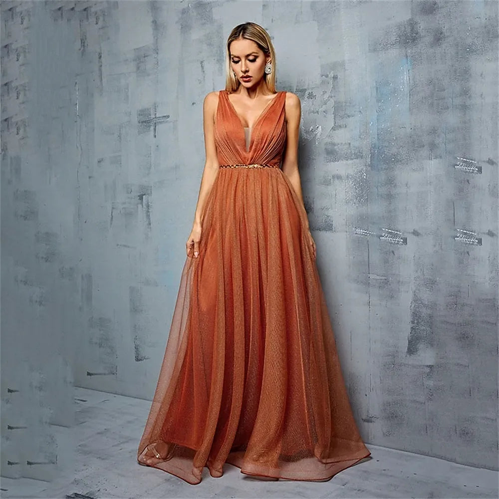 A-Line V-Neck Pleated Beaded Chiffon Tulle Orange Floor Length Prom Dress