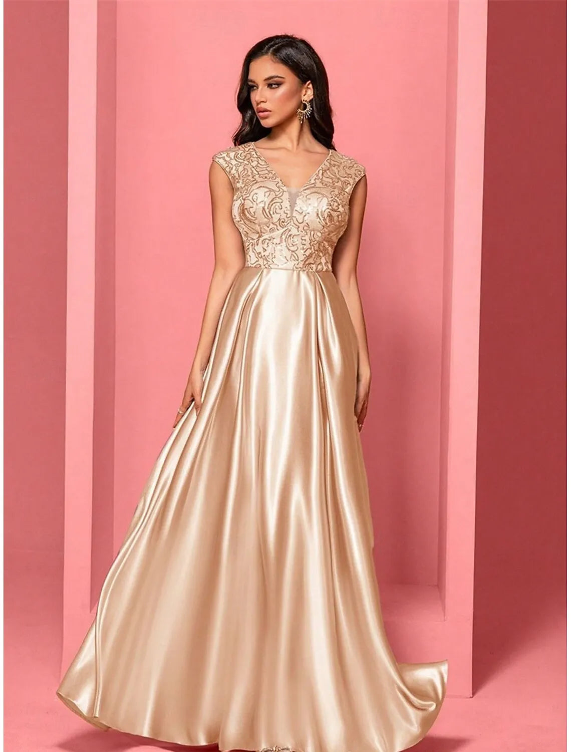 A-Line V-Neck Pleated Sequins Satin Champagne Maxi Prom Dress With Pockets