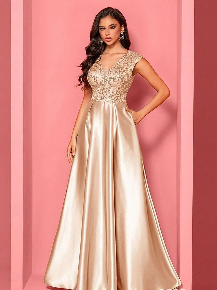 A-Line V-Neck Pleated Sequins Satin Champagne Maxi Prom Dress With Pockets