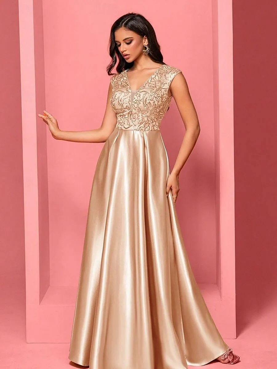 A-Line V-Neck Pleated Sequins Satin Champagne Maxi Prom Dress With Pockets