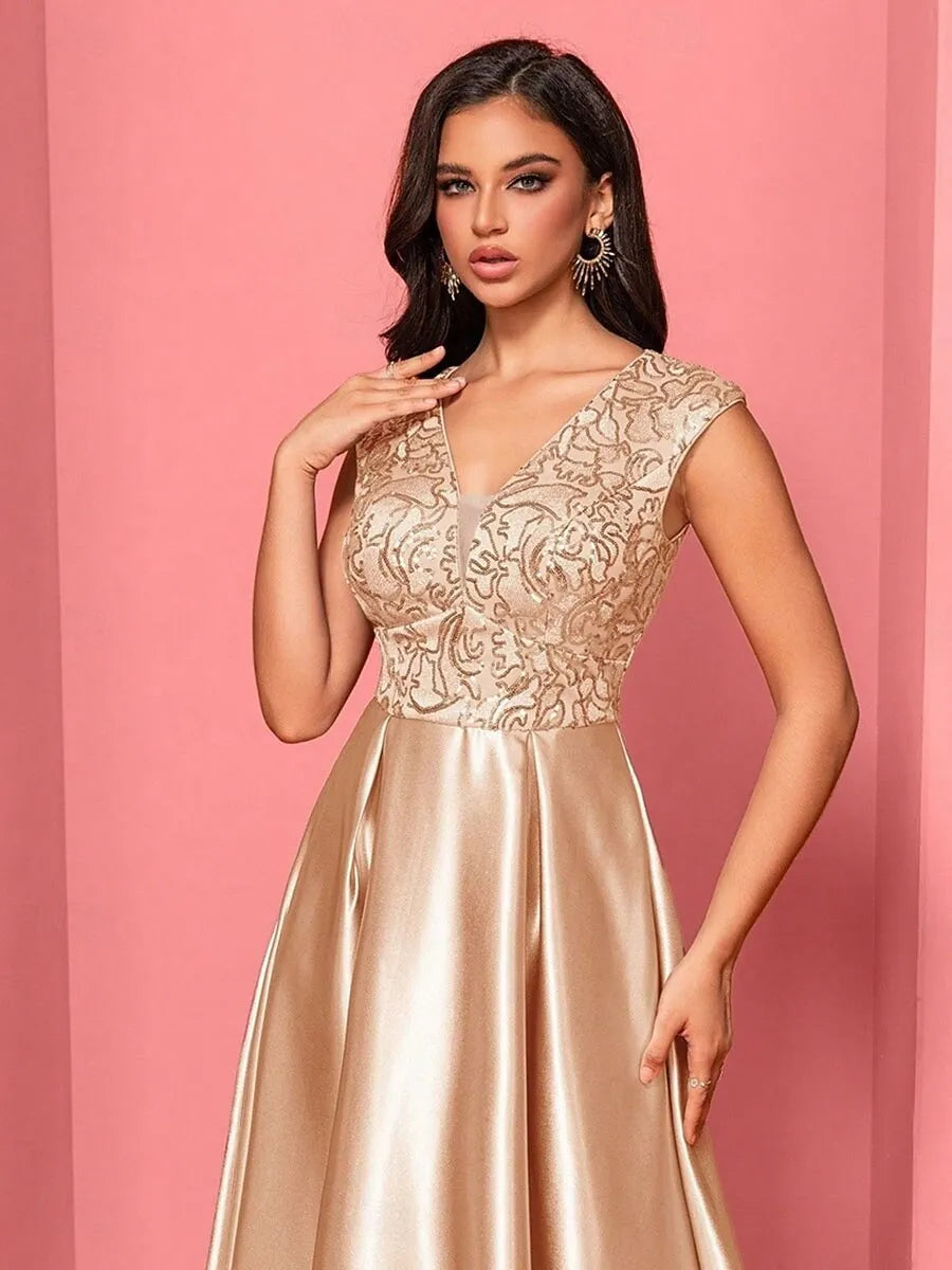 A-Line V-Neck Pleated Sequins Satin Champagne Maxi Prom Dress With Pockets