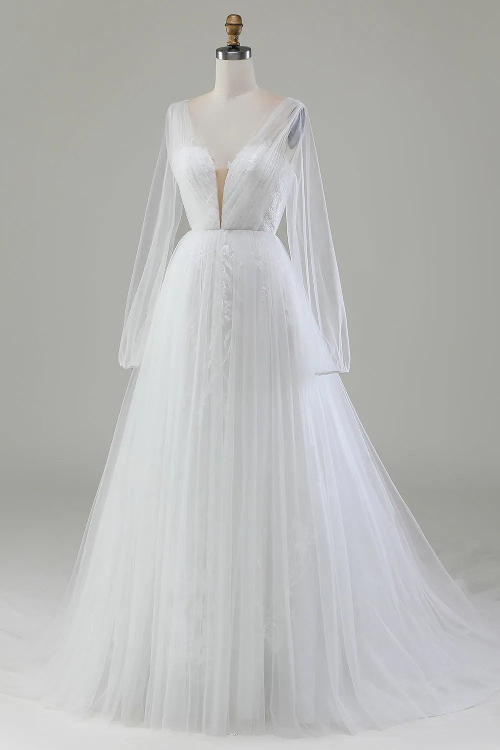 A-Line V-Neck Pleated Tulle Wedding Dress With Long Sleeves