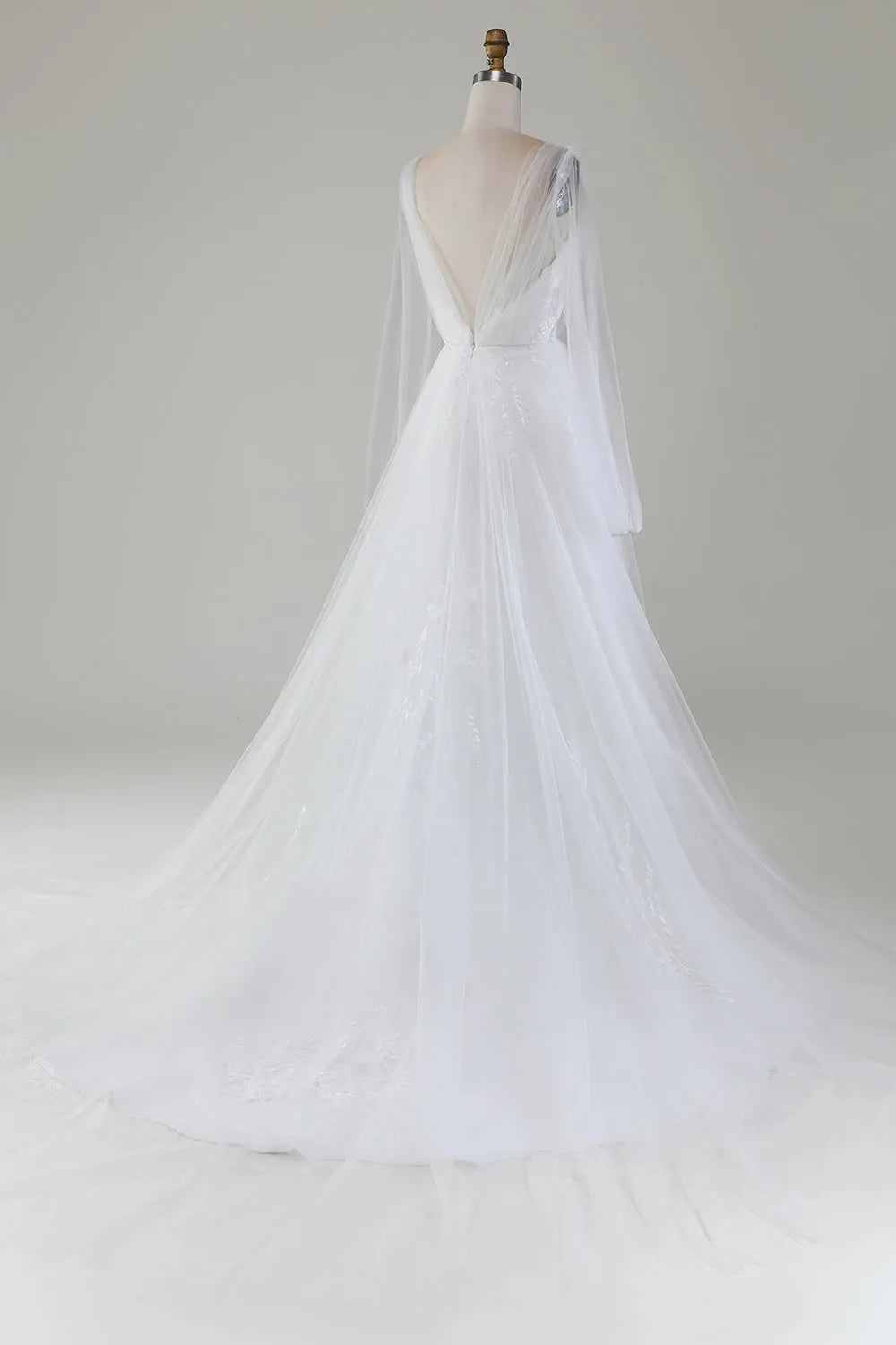 A-Line V-Neck Pleated Tulle Wedding Dress With Long Sleeves