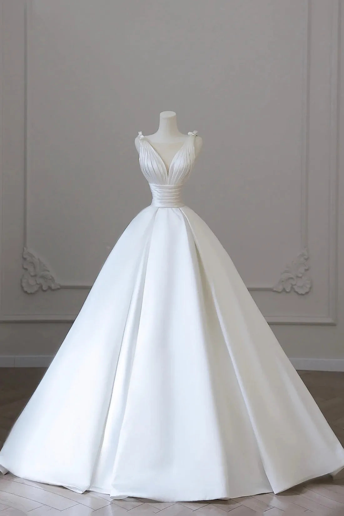 A-Line V-Neck Satin Wedding Dress White Satin Bridal Gown with Bow