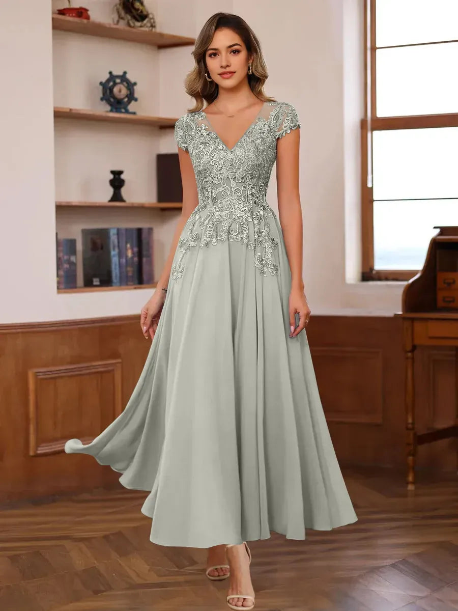 A-Line V-Neck Short Sleeves Ankle-Length Mother of the Bride Dresses with Lace Appliques