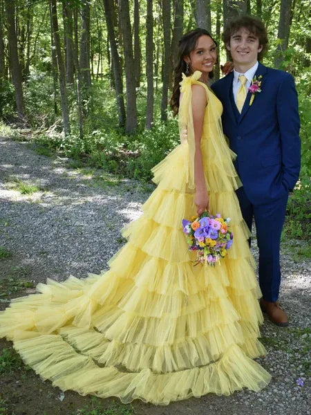 A-Line V-Neck Tiered Ruffle Tulle Yellow Long Prom Dress With Train