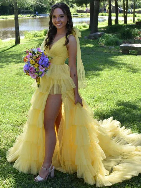 A-Line V-Neck Tiered Ruffle Tulle Yellow Long Prom Dress With Train