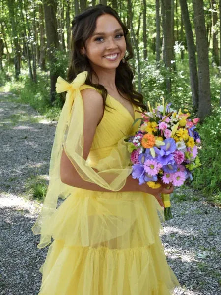 A-Line V-Neck Tiered Ruffle Tulle Yellow Long Prom Dress With Train