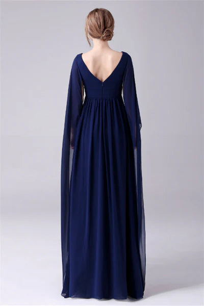 A-Line V-neck Floor Length Long sleeves Backless Sequined mother's dress