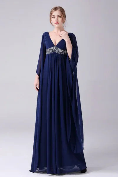 A-Line V-neck Floor Length Long sleeves Backless Sequined mother's dress