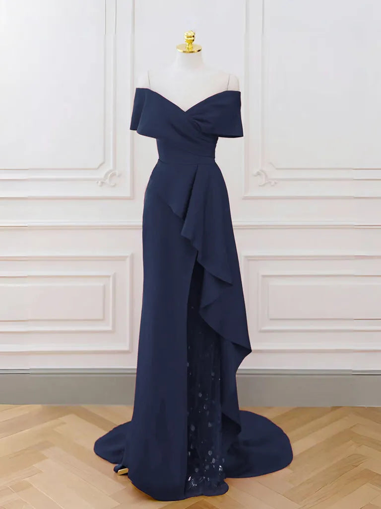 A-Line V Neck Off Shoulder Burgundy Long Prom Dress