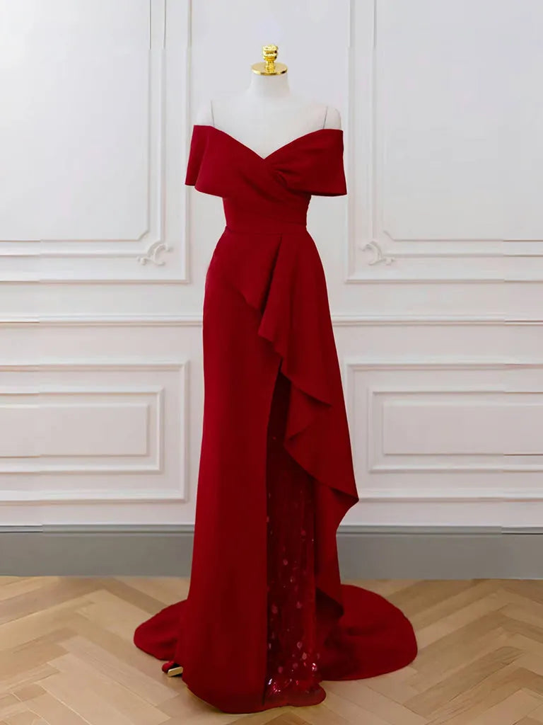 A-Line V Neck Off Shoulder Burgundy Long Prom Dress