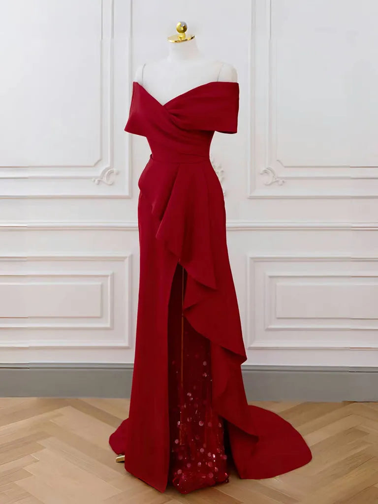 A-Line V Neck Off Shoulder Burgundy Long Prom Dress